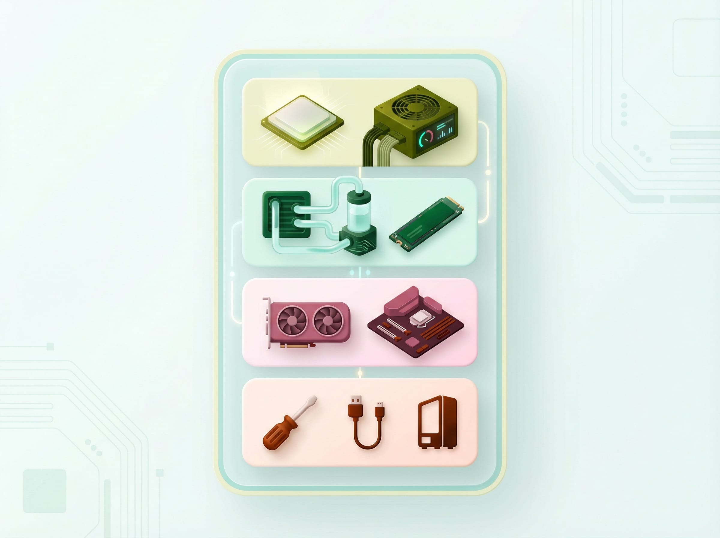 3D illustration of computer hardware components, including CPU, GPU, RAM, power supply, and tools