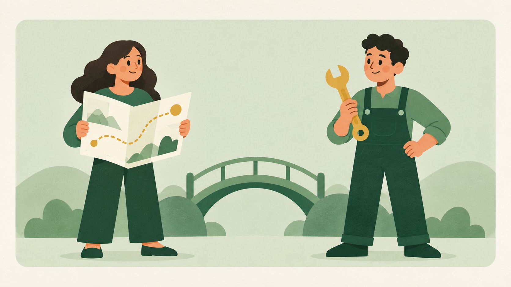 Two figures side by side, one holding a map and one holding a wrench, joined by a small bridge