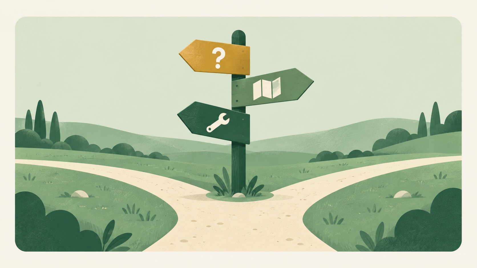 Signpost at a crossroads with three arrows marked by a question mark, a map and a wrench
