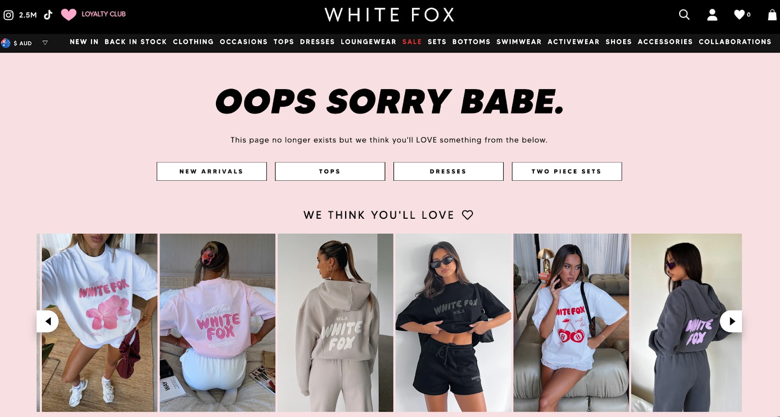 White Fox Boutique 404 error page