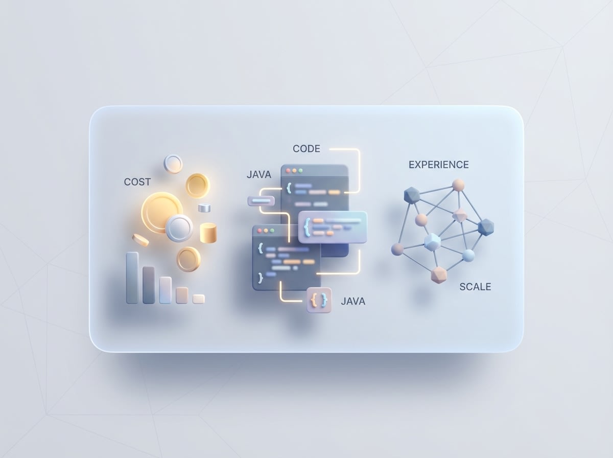 3D illustration of cost metrics, Java code modules, and scalable system architecture