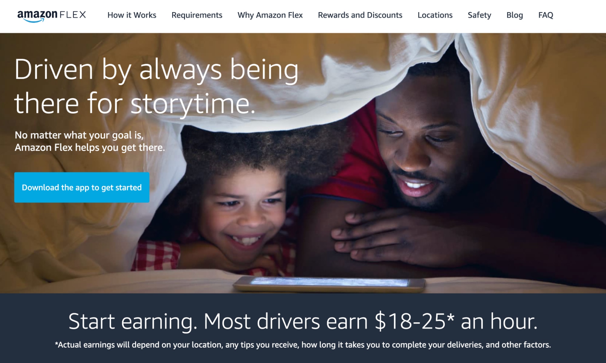 Amazon Flex homepage showing how much drivers can make per hour
