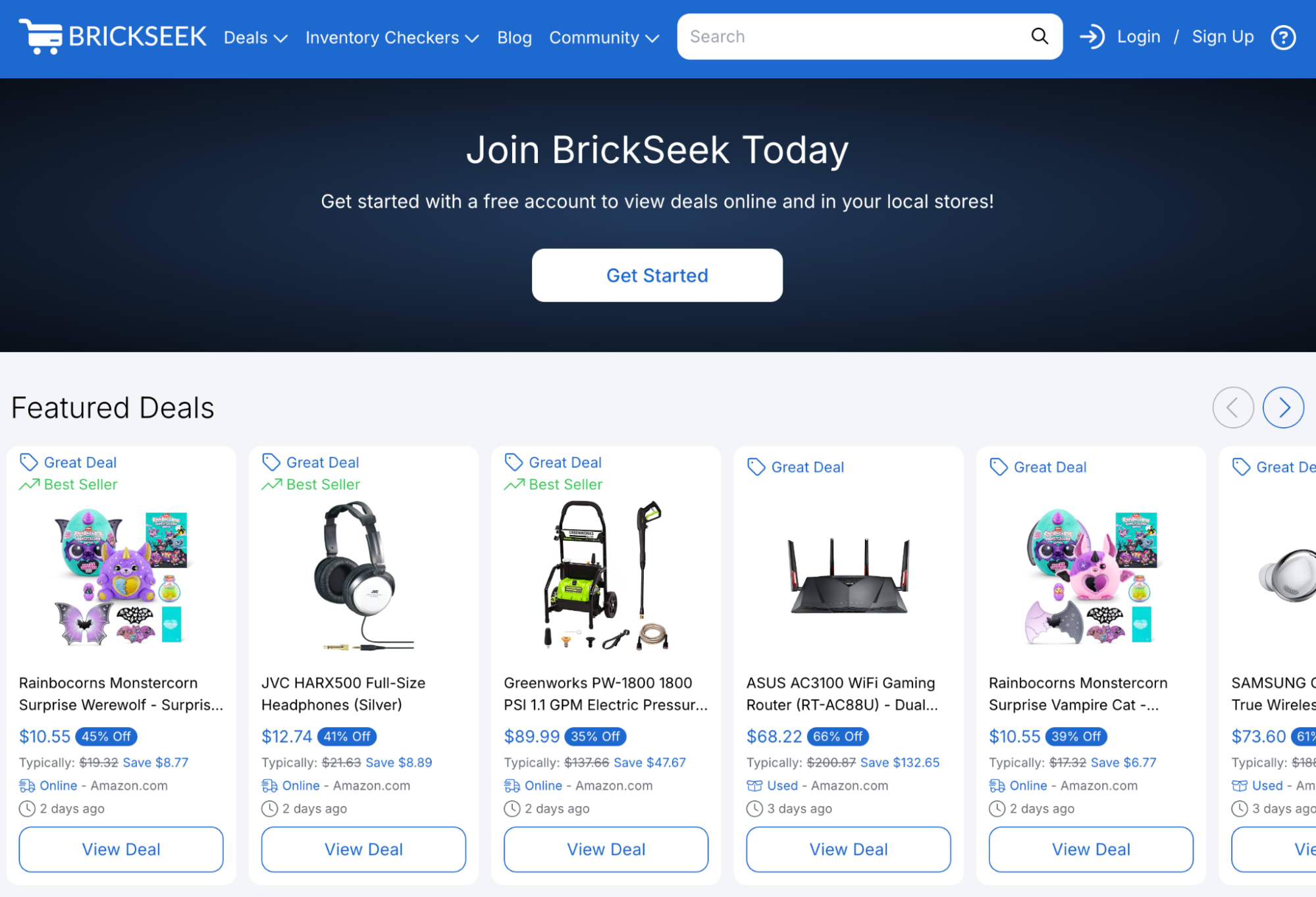 BrickSeek homepage showing featured deals for resellers