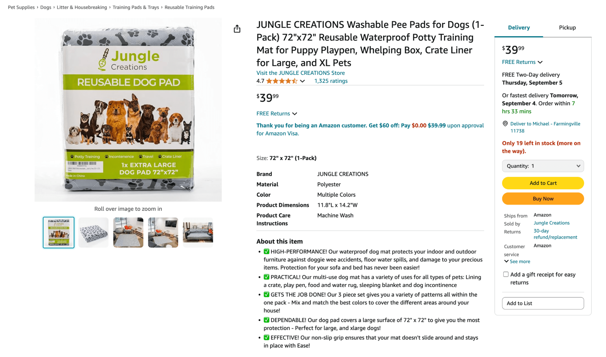 Amazon product listing page for washable pee pads by Jungle Creations
