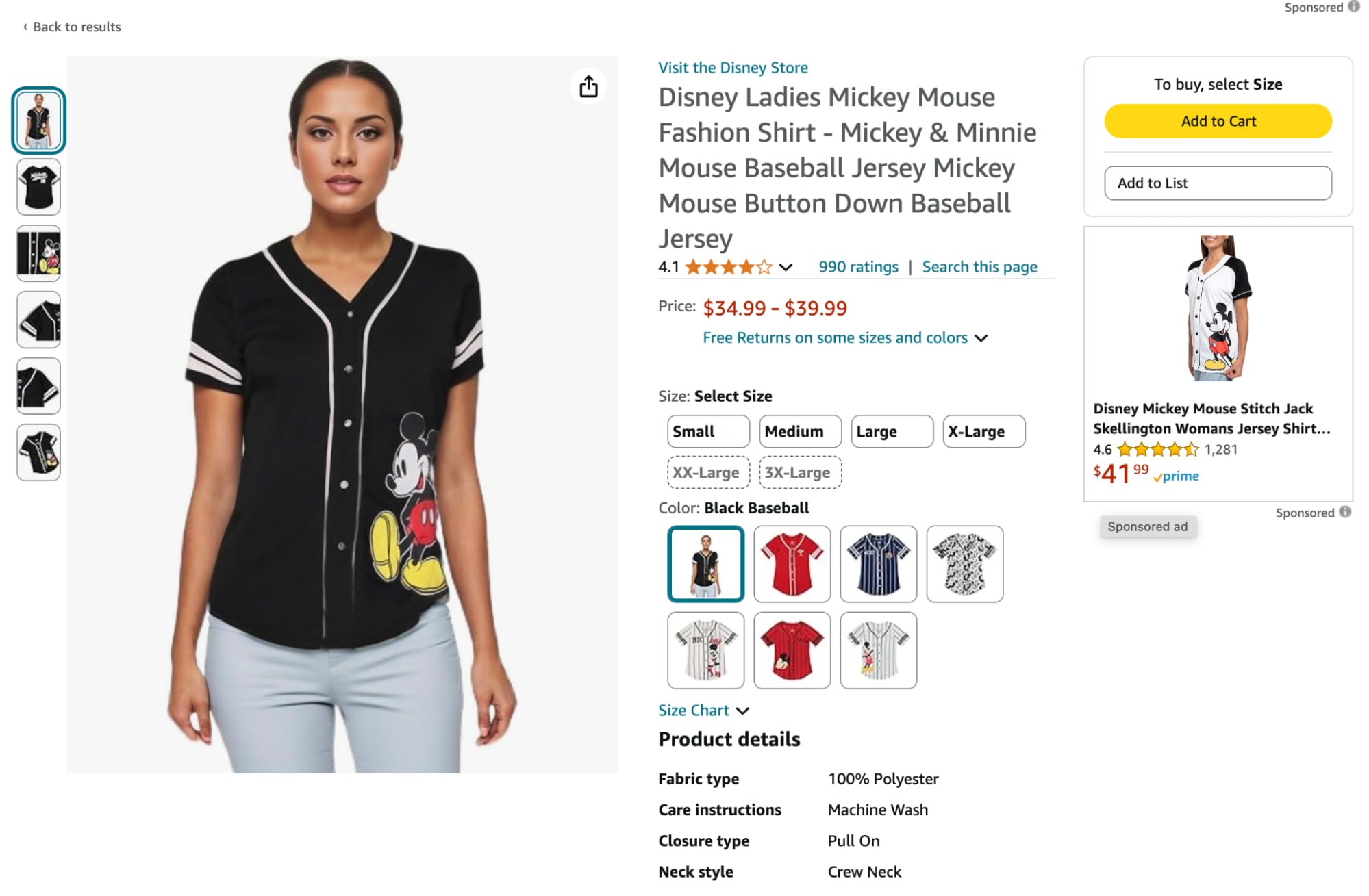 Amazon product listing showing Disney baseball shirt