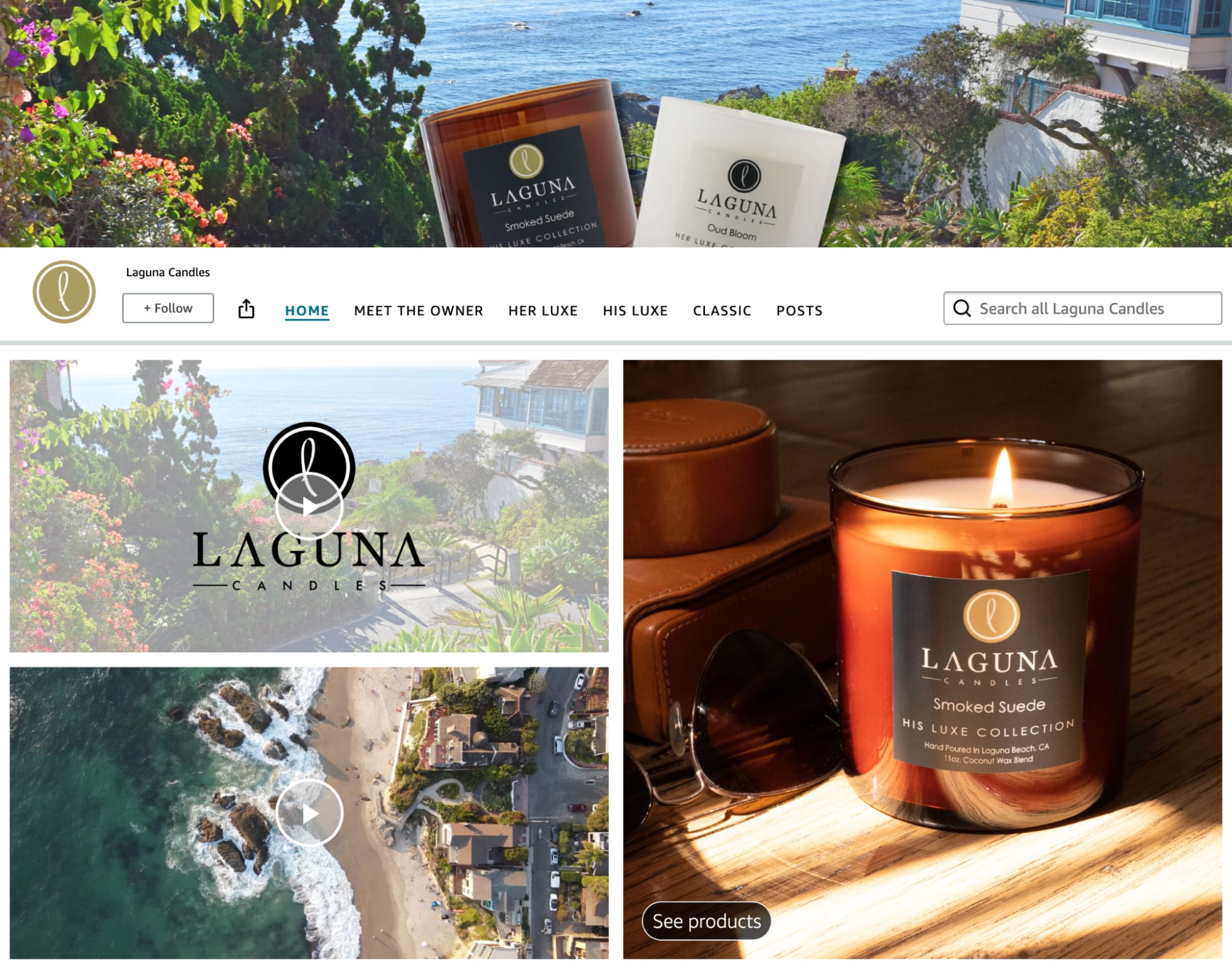 Laguna Candles website showcasing candle products and scenic views in the background