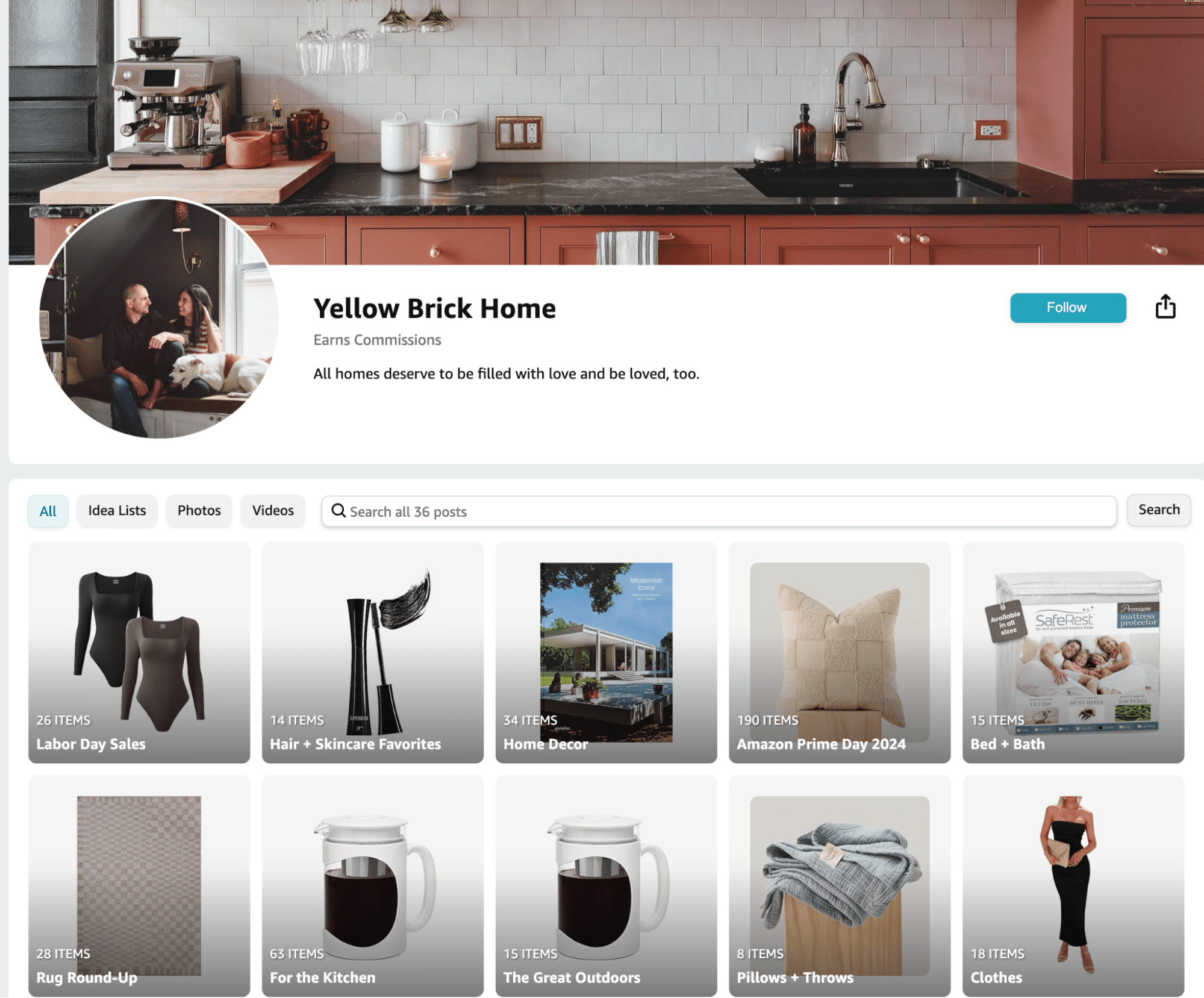 An Amazon influencer "Yellow Brick Home" storefront with products available for sale