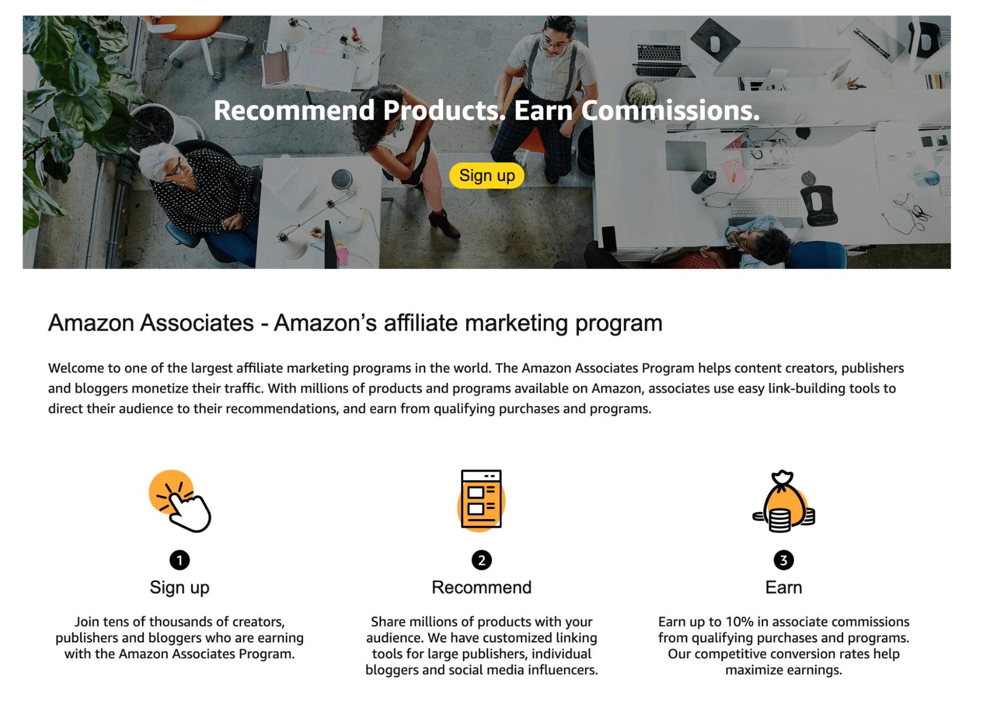 Amazon Associates homepage showing a description and 3 step process