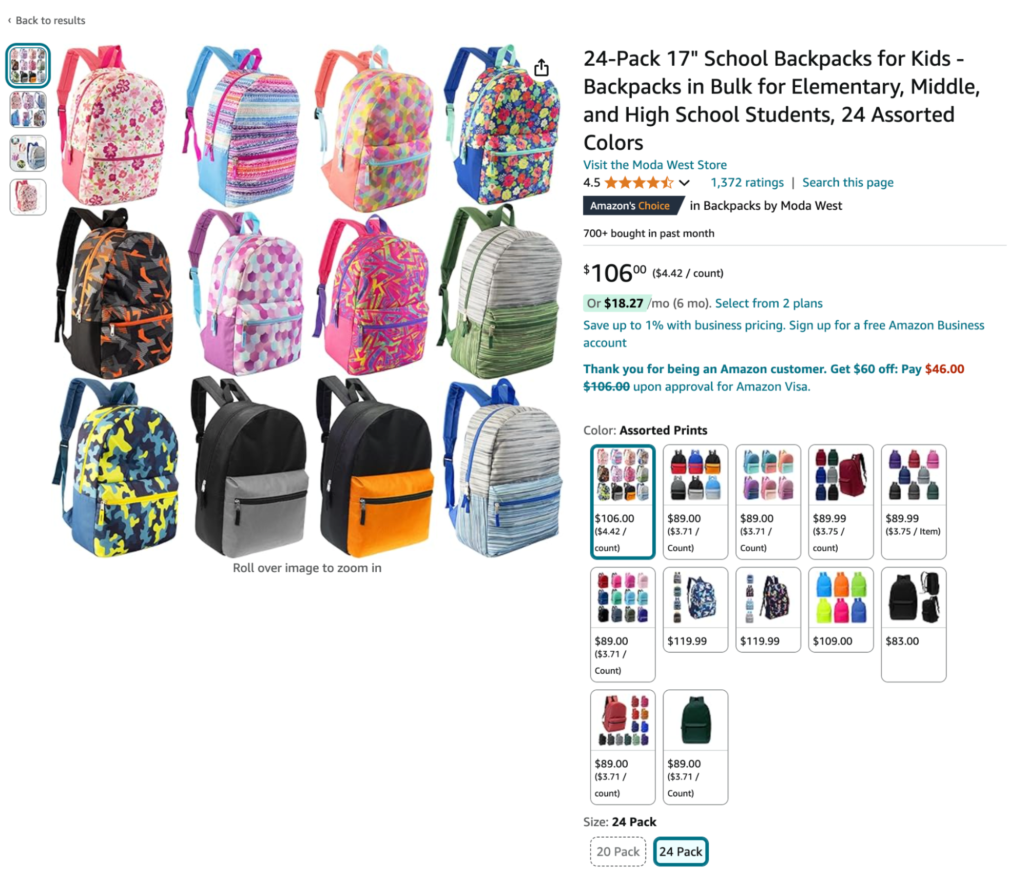 Product listing page on Amazon for bulk backpacks