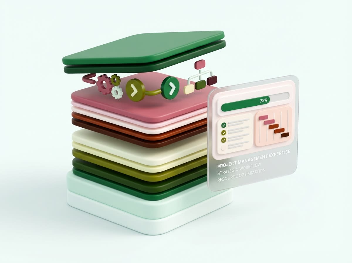 3D exploded stack of colored layers with workflow icons and a project management UI card