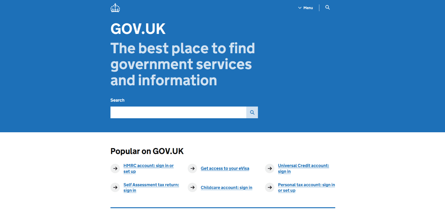 Gov.uk’s homepage lists services and resources using plain English