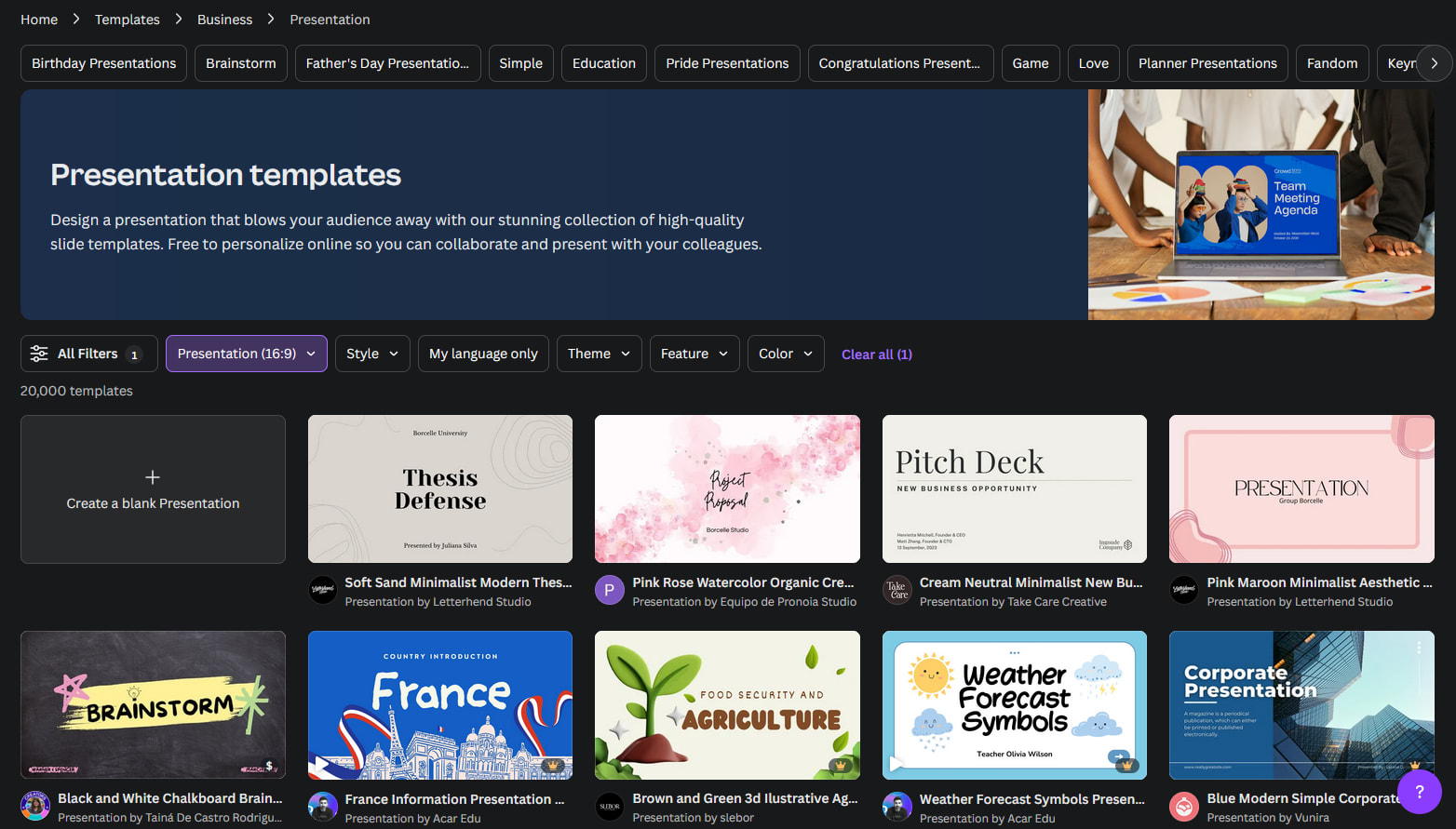 Canva’s presentation templates in grid view
