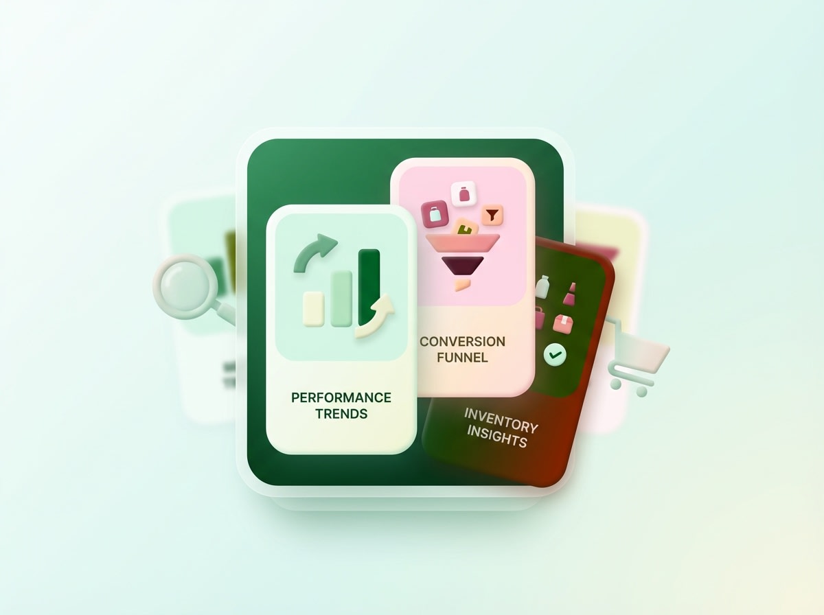 3D illustration of dashboard cards showing performance trends, conversion funnel, and inventory insights