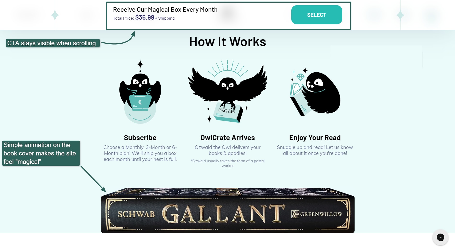 OwlCrate makes extensive use of custom graphics