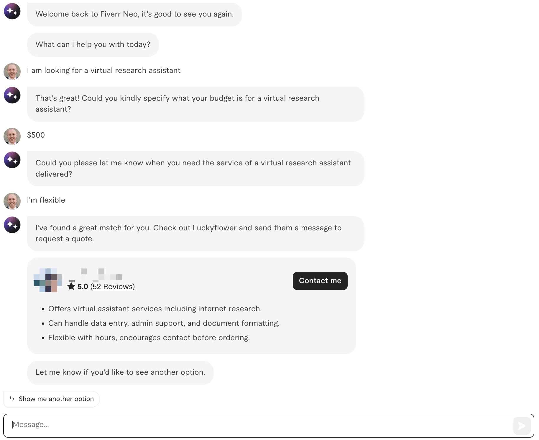 Chat with Fiverr Neo about hiring a research assistant, displaying a potential match