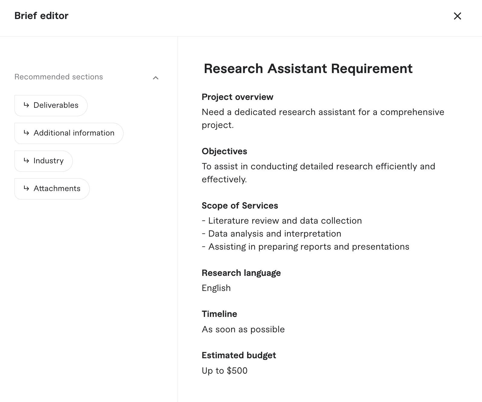 Fiverr’s brief editor creating a brief for Research Assistant 