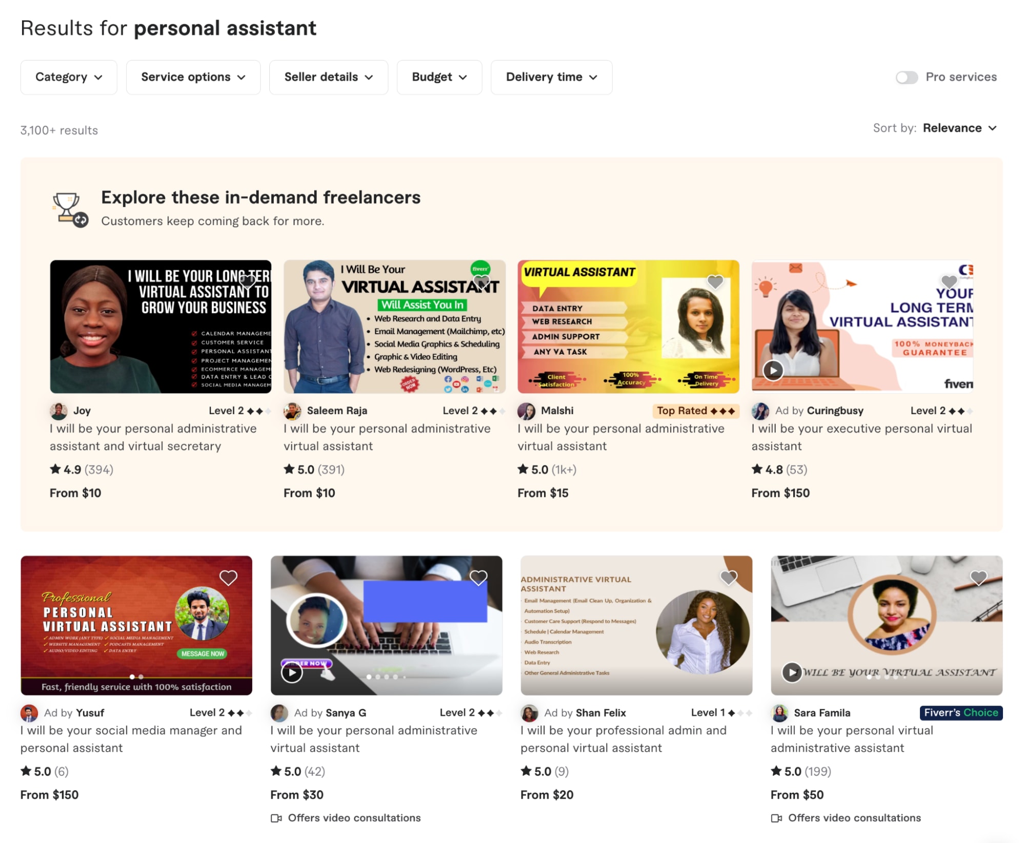 Results page on Fiverr after searching for the keyword “personal assistant”