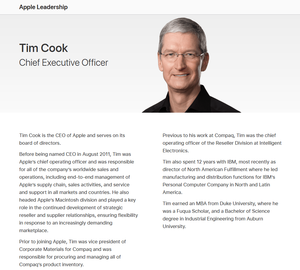 Apple CEO Tim Cook’s professional bio