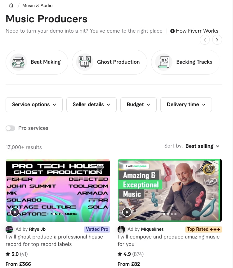 Screenshot of Fiverr Music Producers category