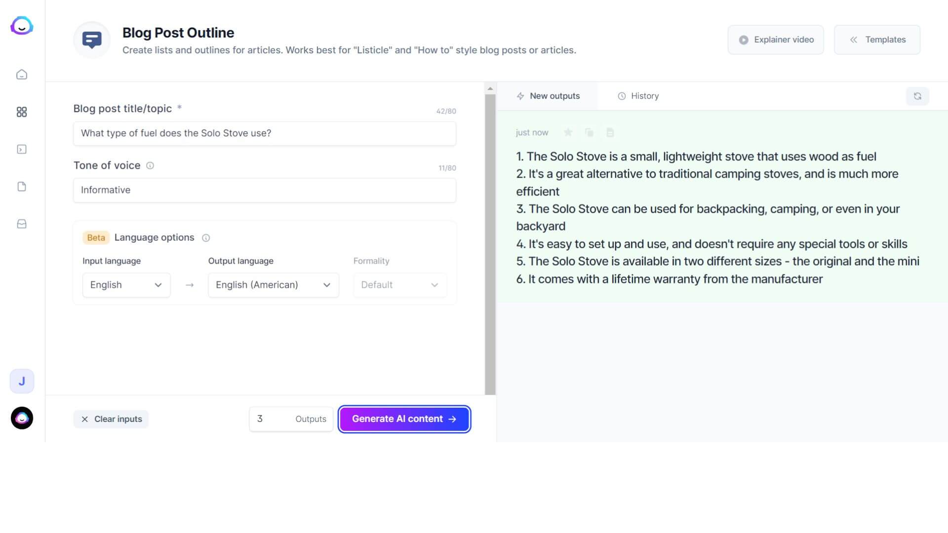 Jasper.ai generating a blog post outline