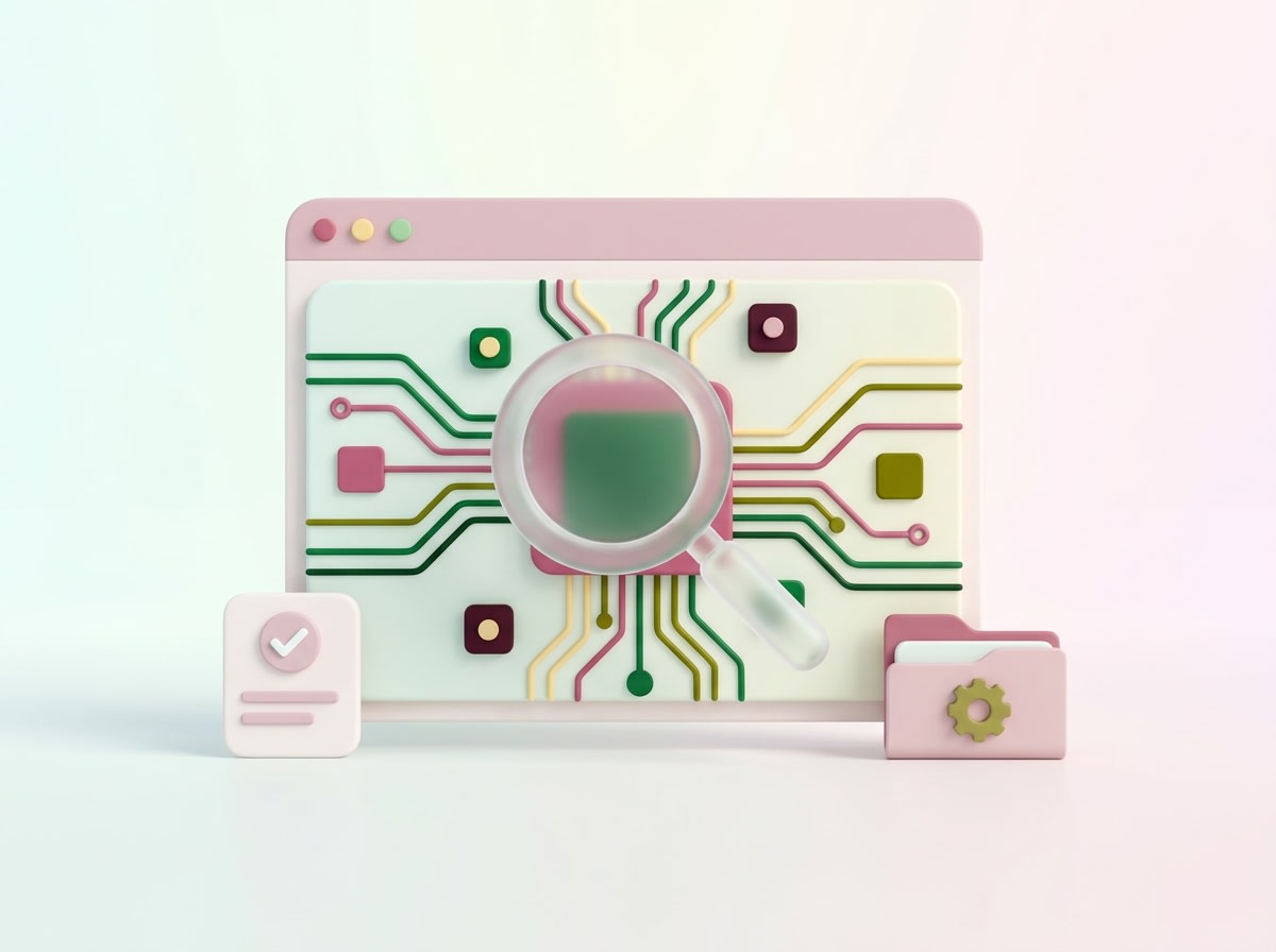 3D browser with a circuit board and magnifying glass, flanked by a checklist and settings folder