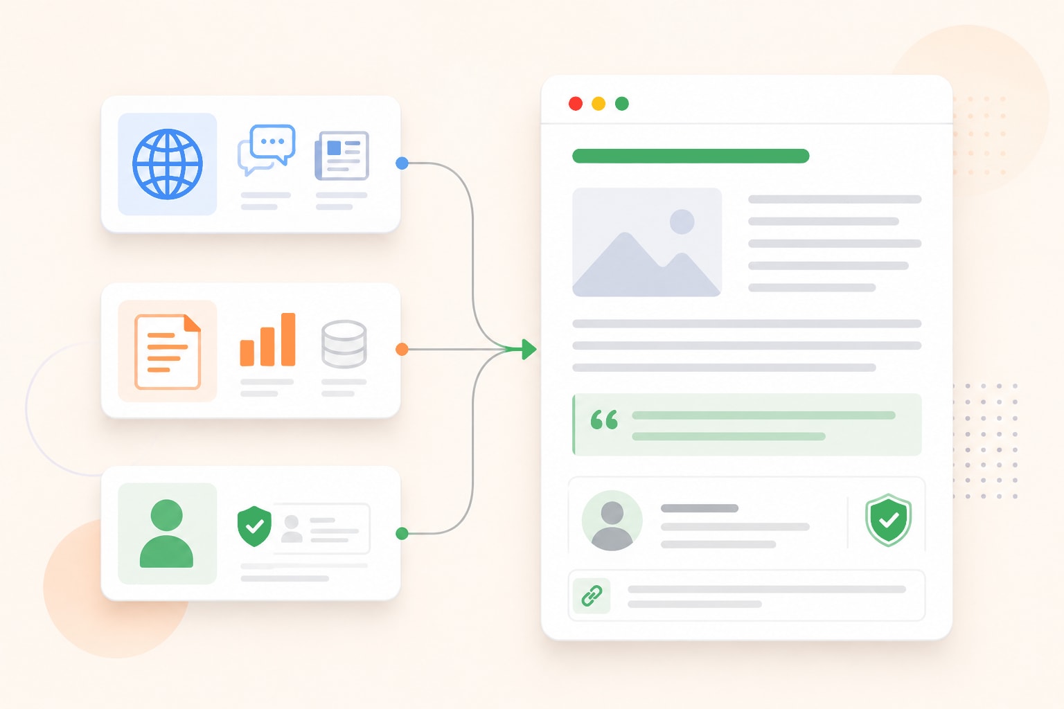 Illustration showing brand reputation, quality content, and expert credibility coming together to build a trustworthy website.