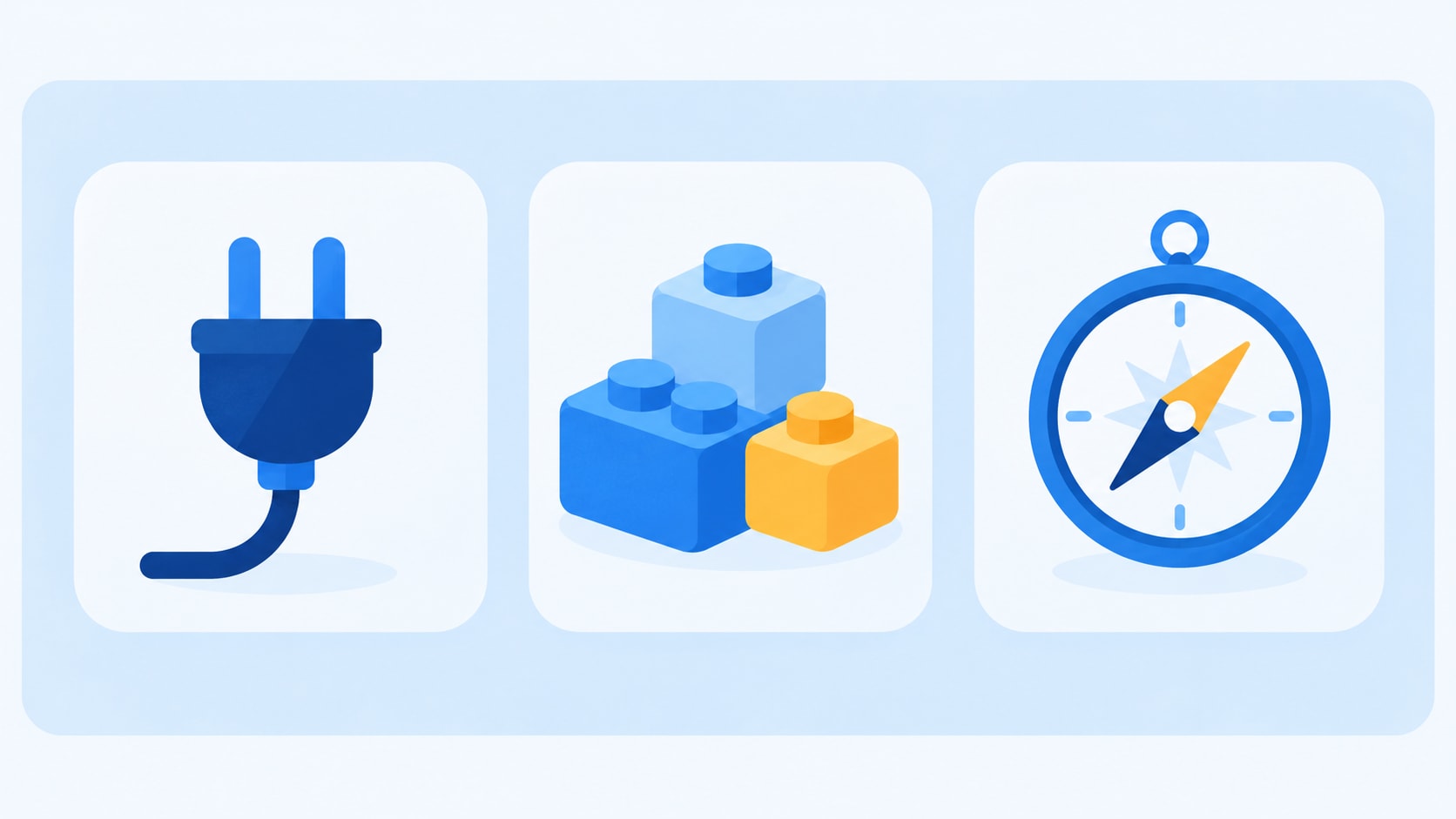 Three AI project scopes: a plug for connecting existing tools, building blocks for a new AI product, and a compass for consulting and strategy