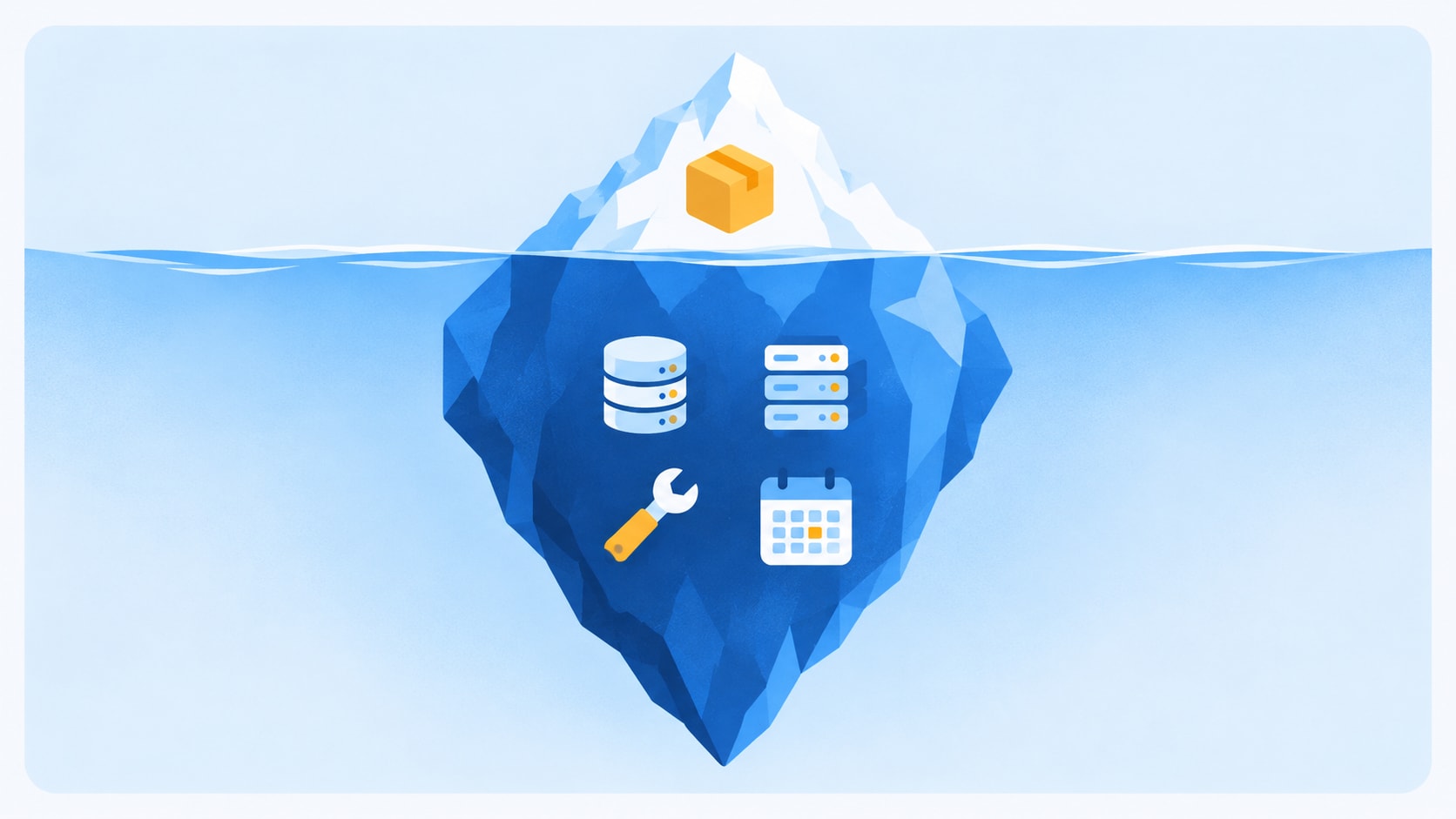 Iceberg showing a small visible project cost above the waterline and hidden AI costs for data, servers, maintenance and time below