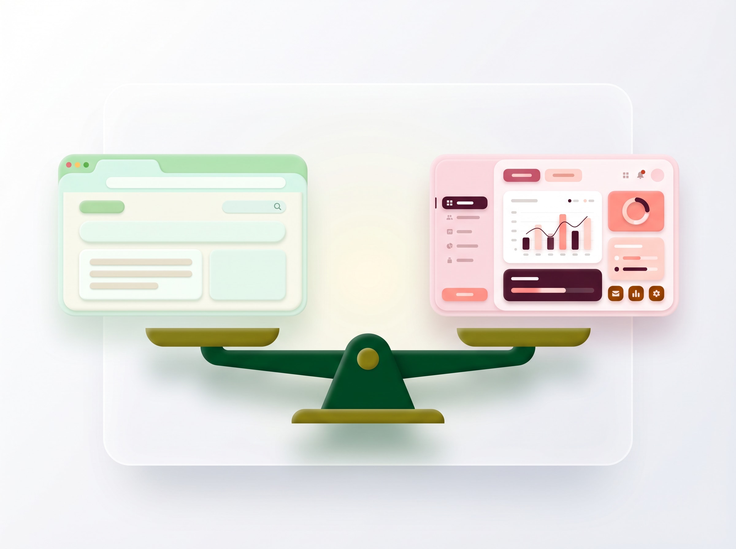 A balance scale weighing a simple webpage against a data dashboard UI