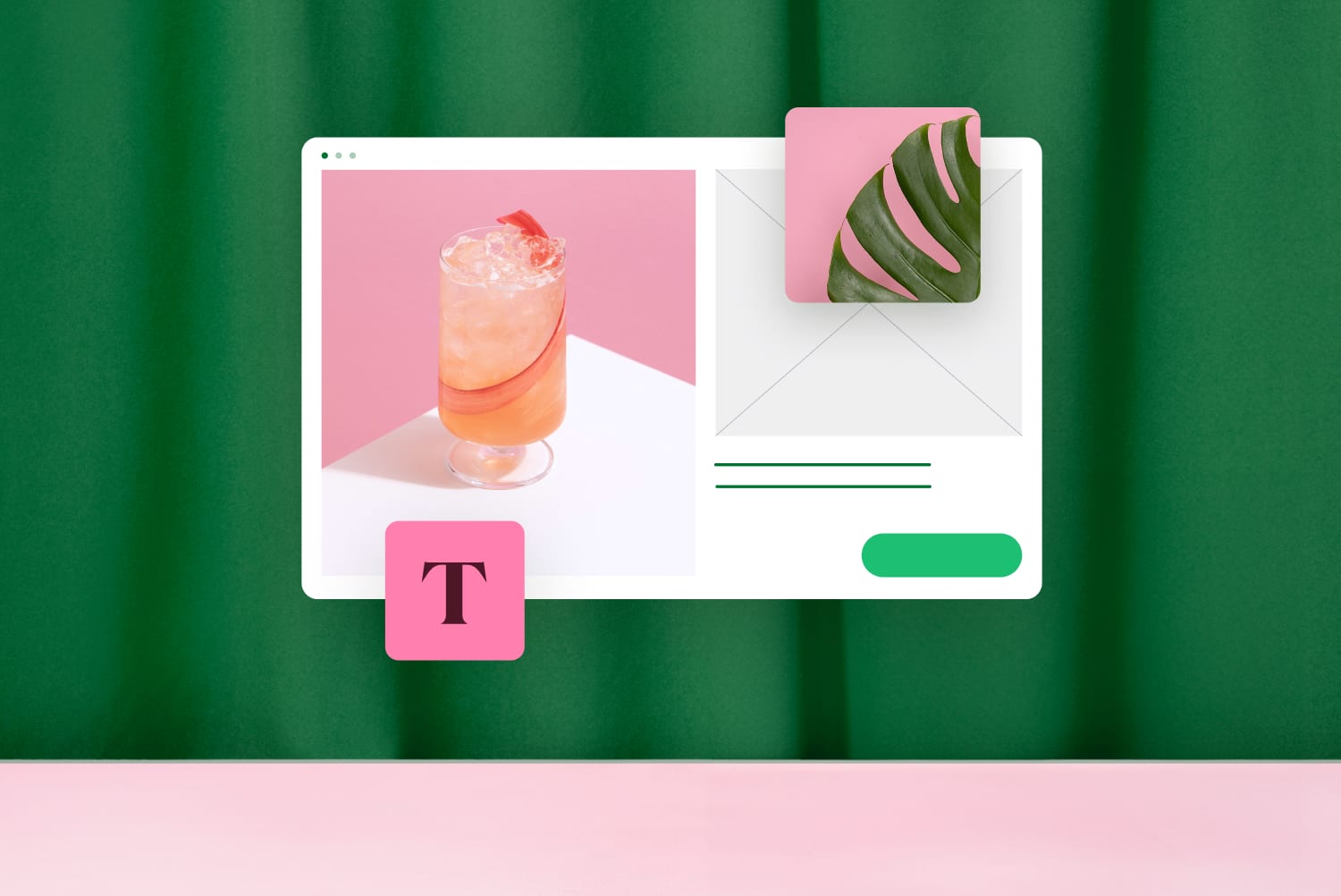 Digital design layout featuring a pink cocktail in a glass, tropical leaf overlay, and green curtain background Digital design layout featuring a pink cocktail in a glass, tropical leaf overlay, and green curtain background
