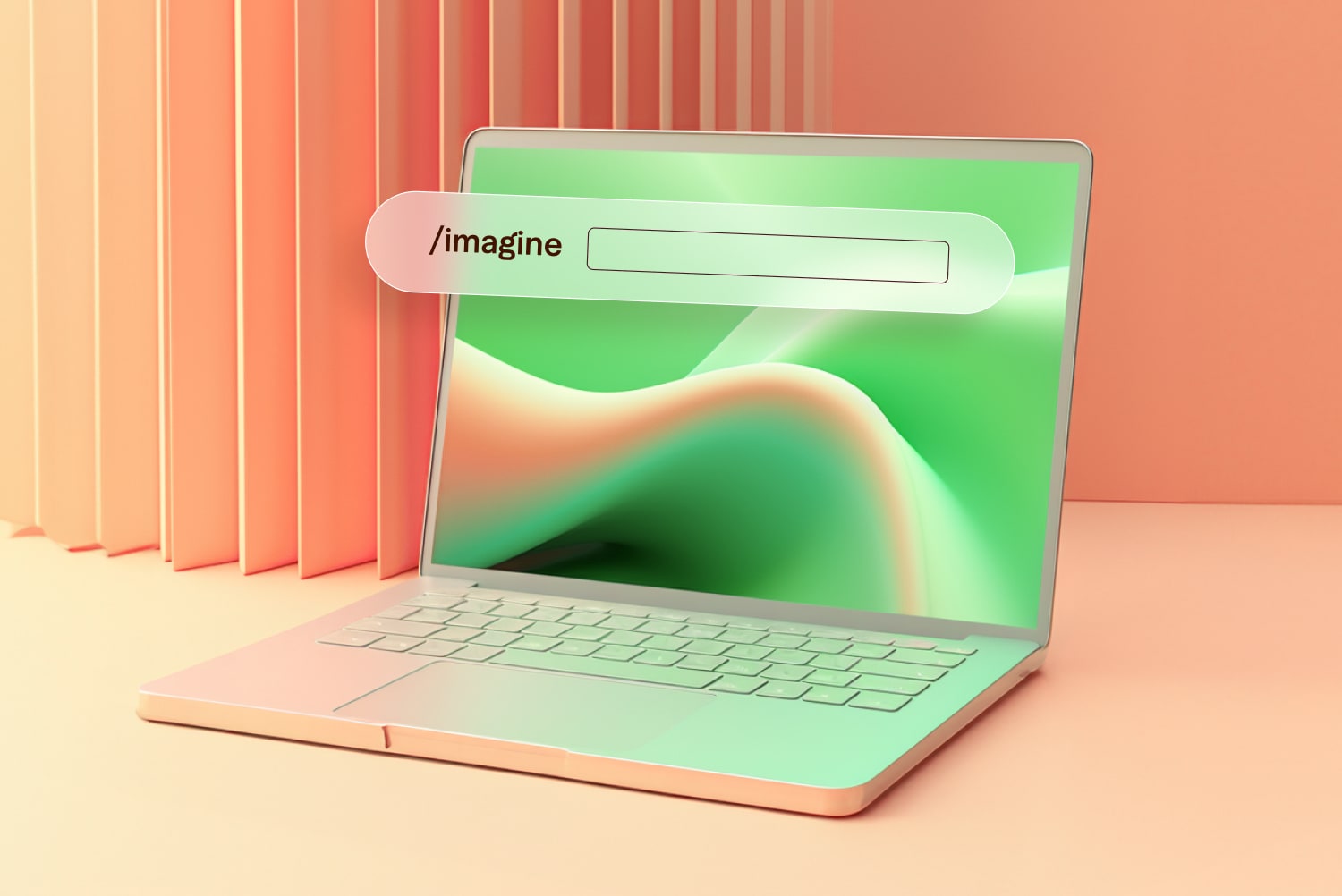 Pastel laptop with a green abstract screen and a search bar showing “/imagine”, in a peach-colored room
