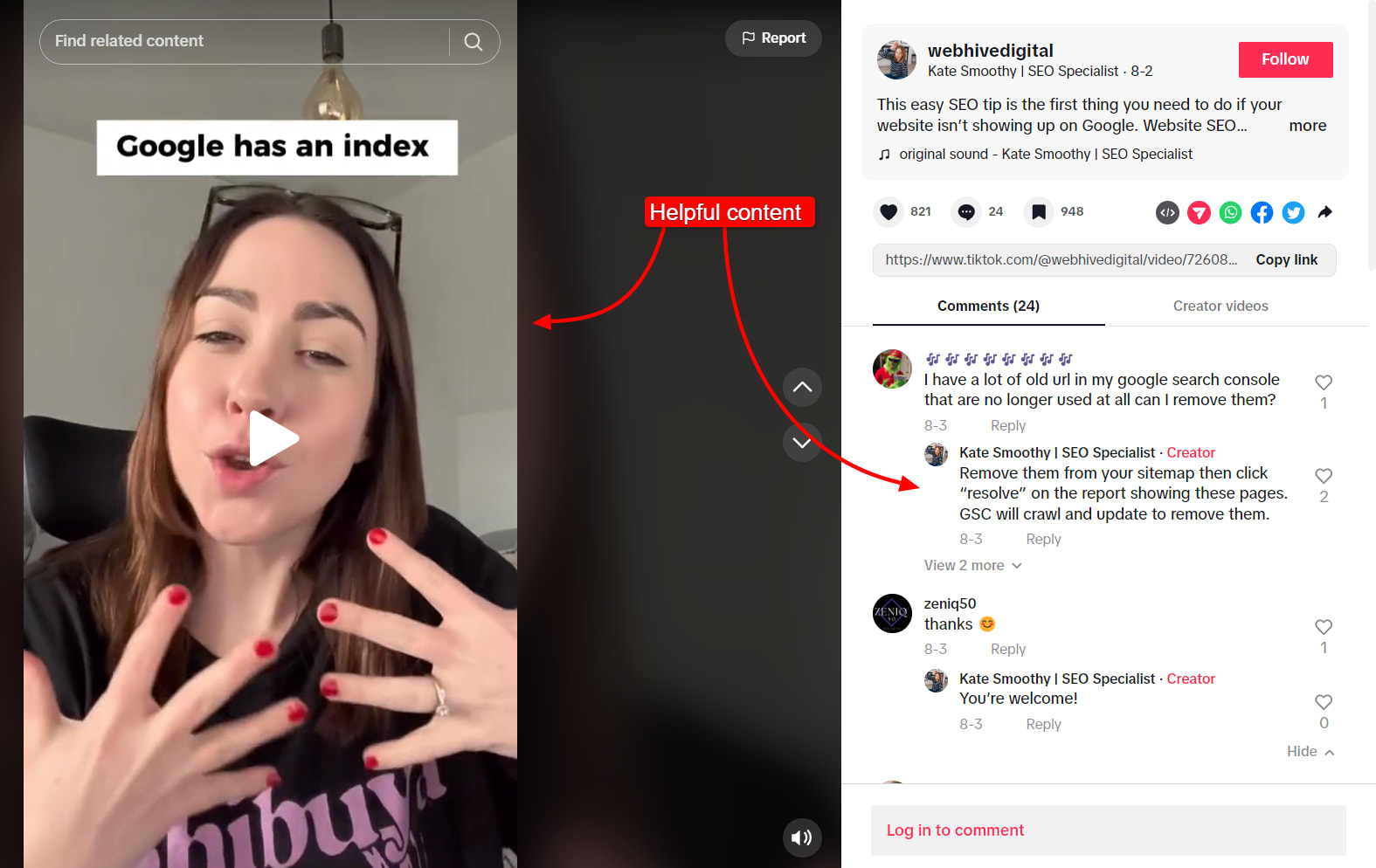 Example of helpful content on TikTok, providing SEO advice.