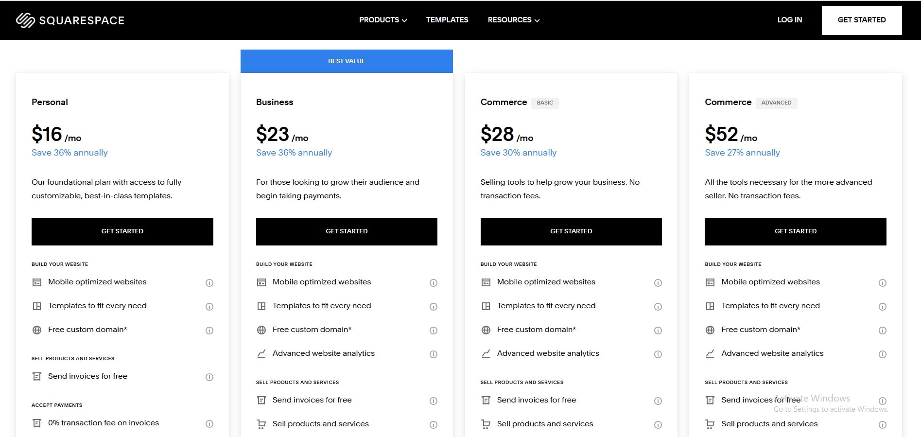 Squarespace pricing plans