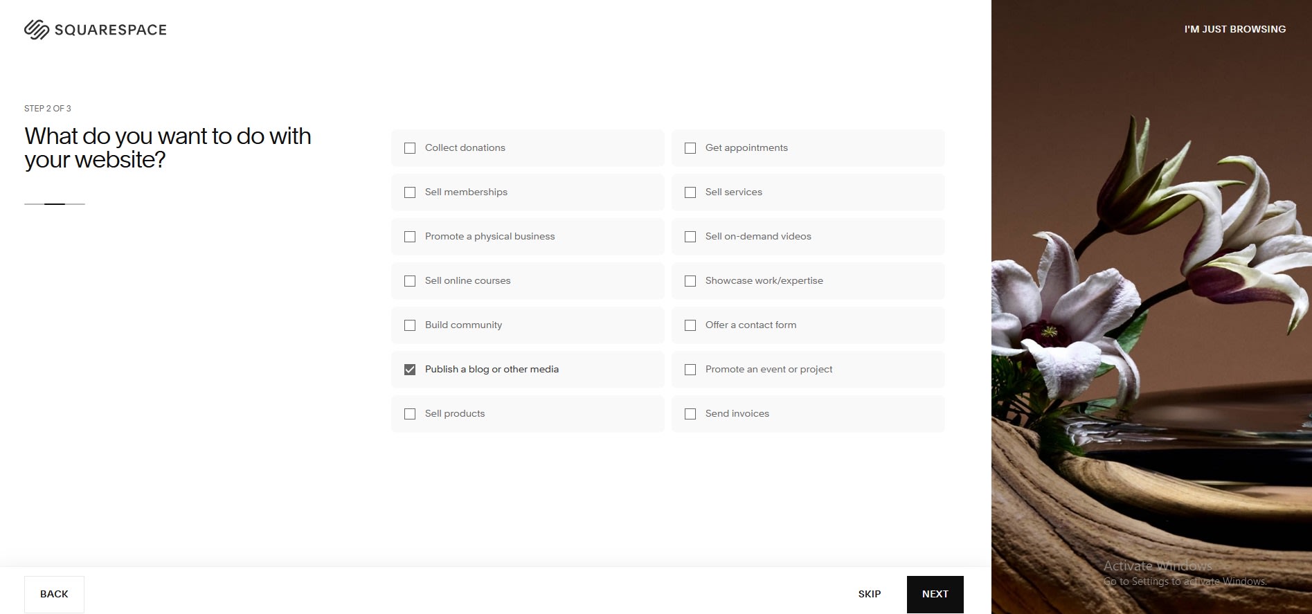 Squarespace site creation onboarding wizard Step 1