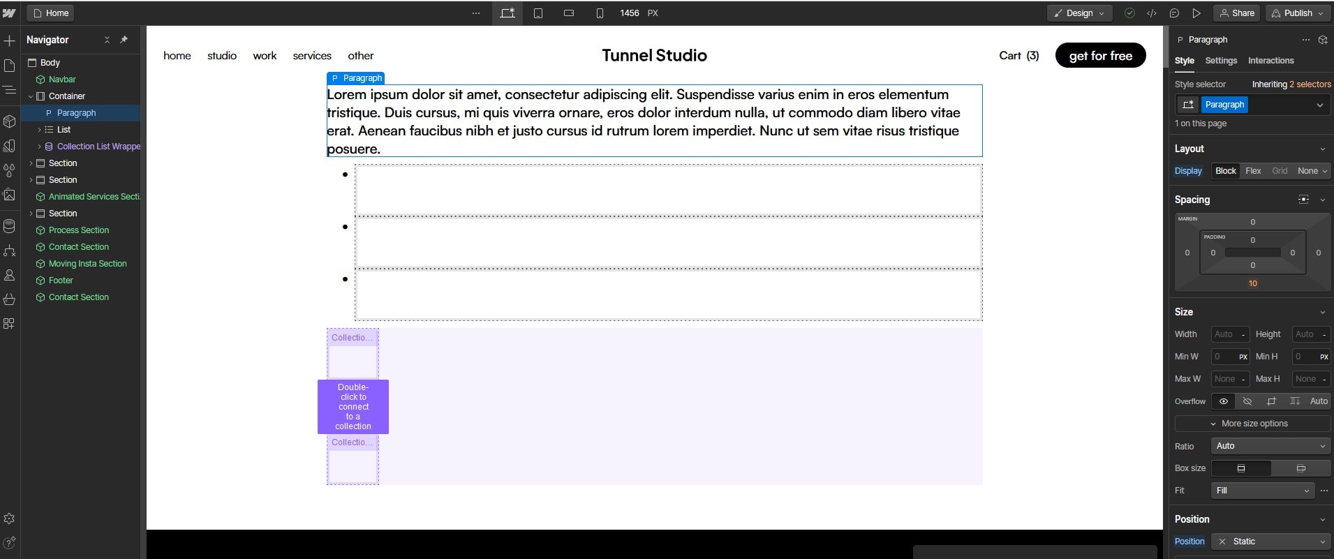 Webflow dashboard showing navigator left sidebar and paragraph style settings right sidebar