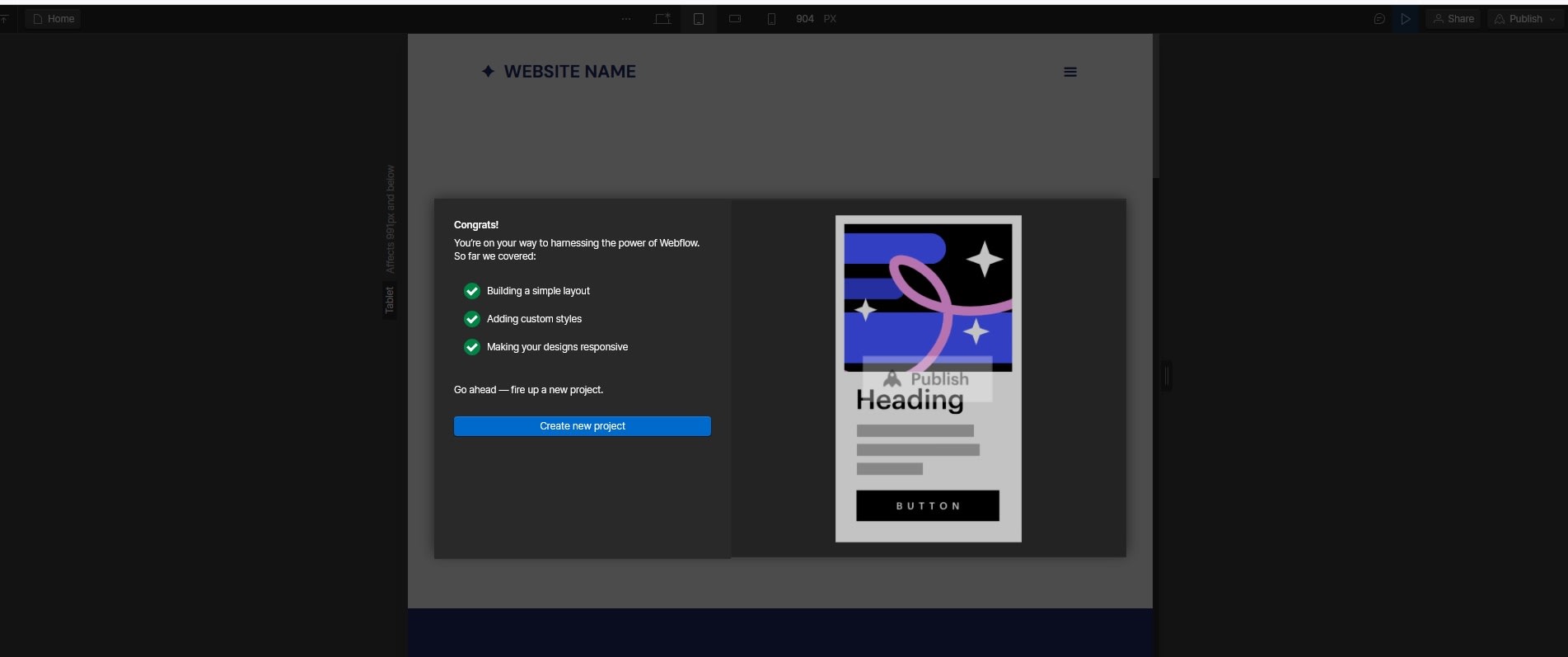Webflow tutorial completion congrats message