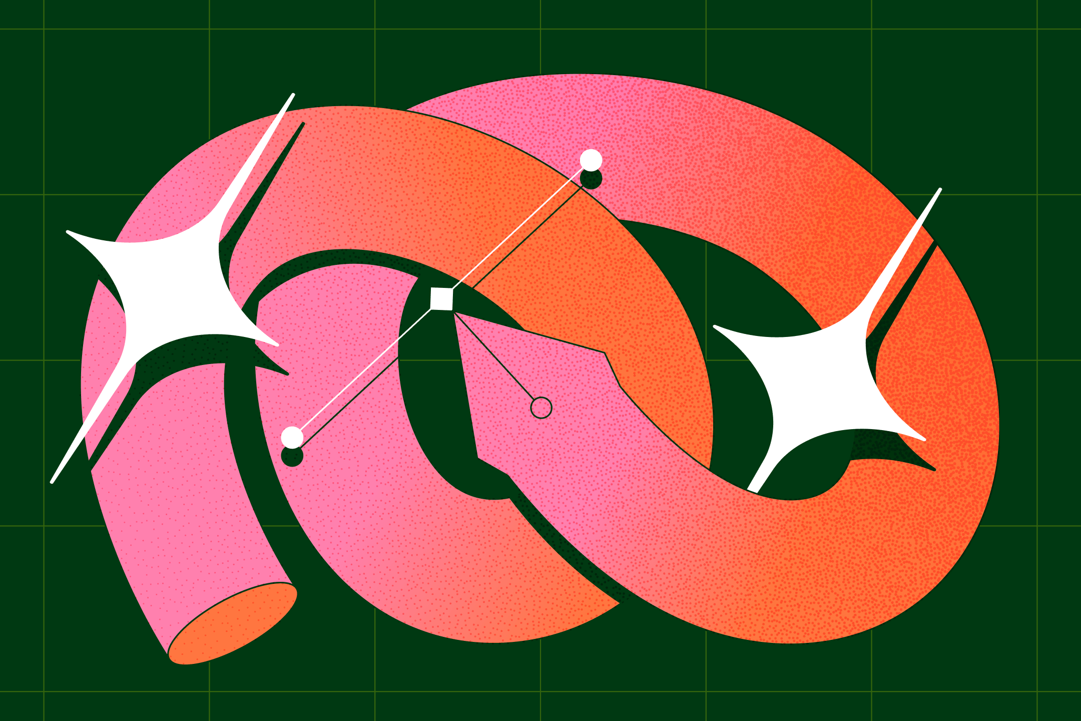 an abstract pink and orange graphic pen loop with sparkles on a dark green grid background, representing creative design principles. an abstract pink and orange graphic pen loop with sparkles on a dark green grid background, representing creative design principles.