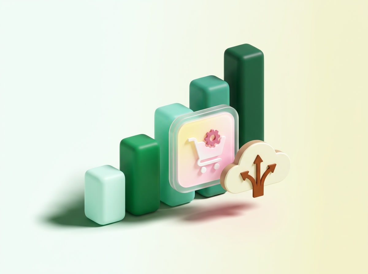 3D green bar chart with a shopping cart settings card and cloud upload icon