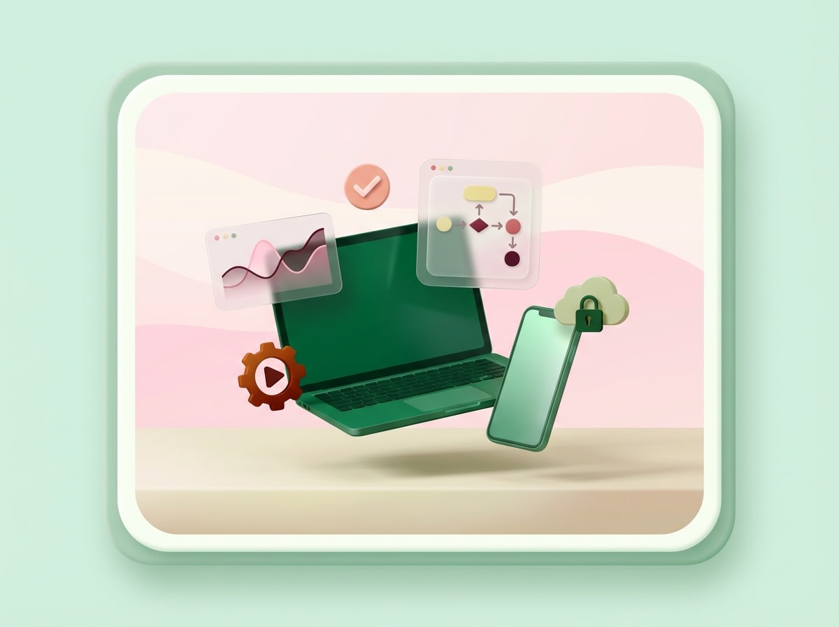 3D laptop and phone with analytics, process flow, and cloud security icons