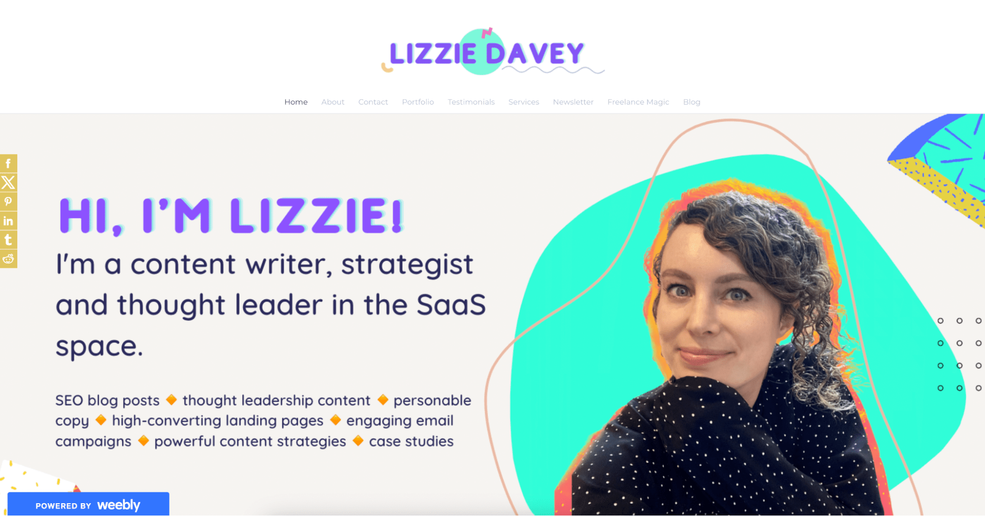 Lizzie Davey, content writer and strategist in the SaaS space with a bold website header