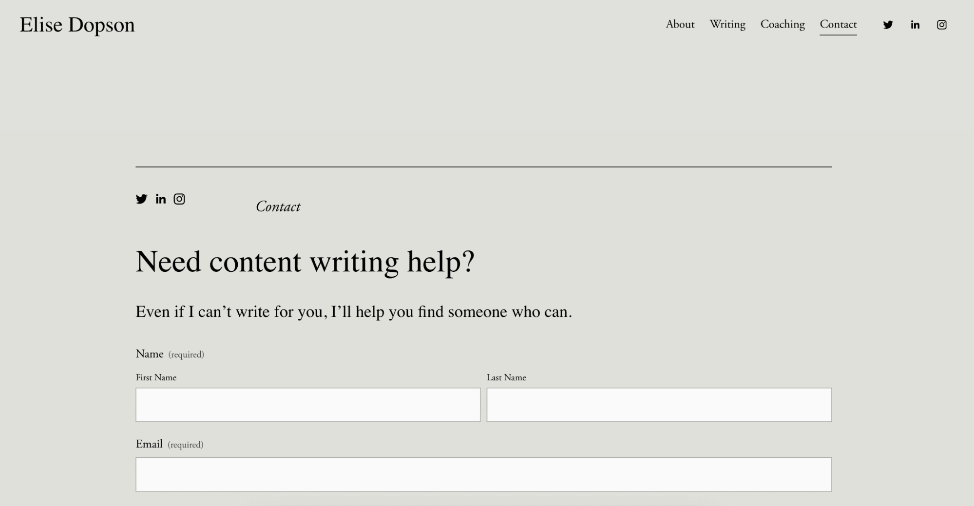 Elise Dopson's contact page offering content writing help with a contact form for name and email