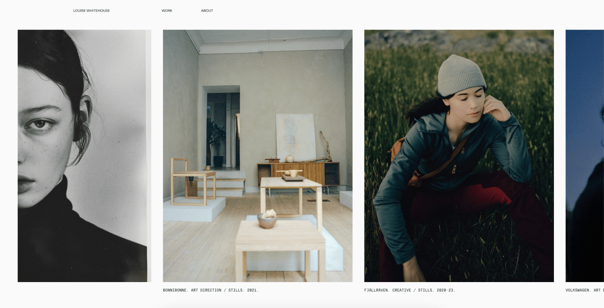 Photography portfolio showcasing a portrait, minimalist interior, and outdoor lifestyle shot
