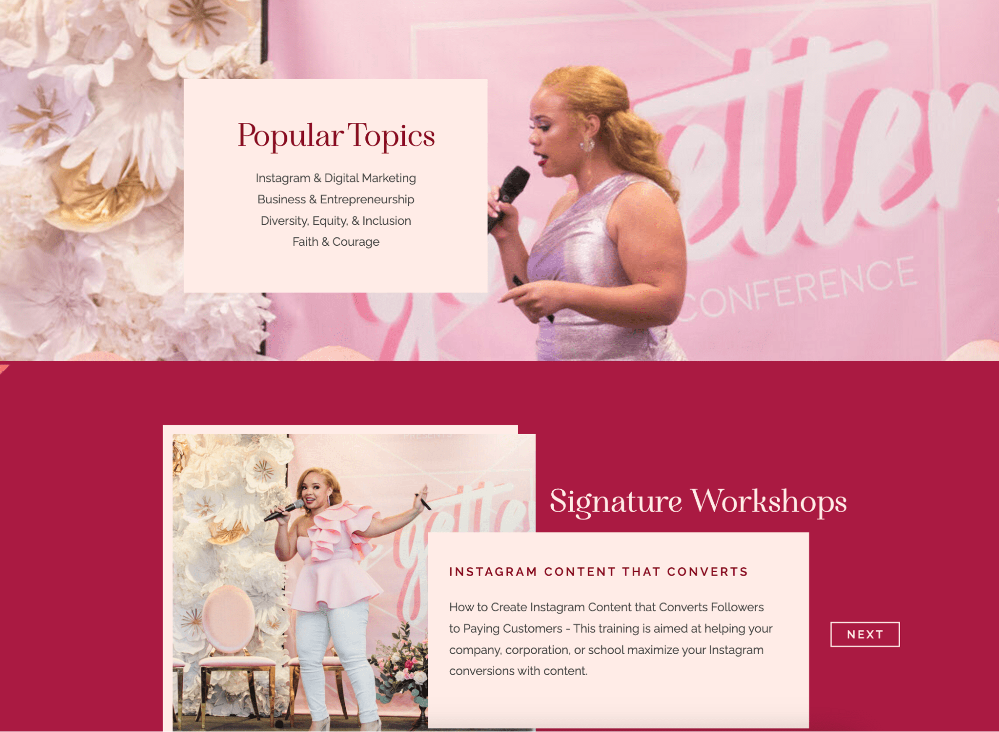 Speaker at a conference discussing Instagram content creation, with popular topics and signature workshops listed
