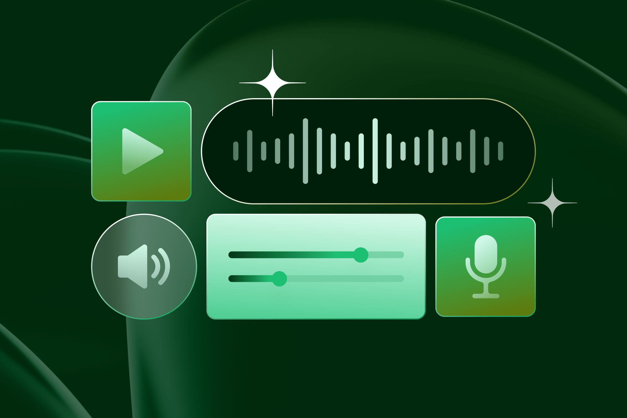 Futuristic audio interface with play, volume, microphone, and waveform elements in a green theme.