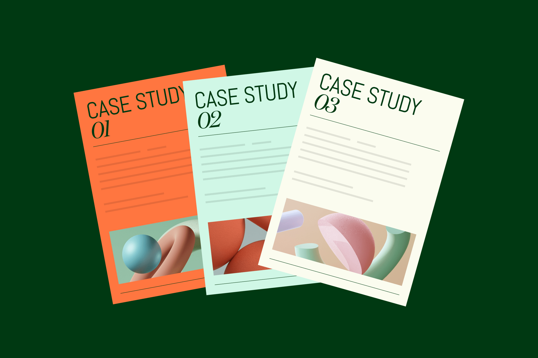 Three illustrated case study documents with abstract graphics on a dark green background Three illustrated case study documents with abstract graphics on a dark green background