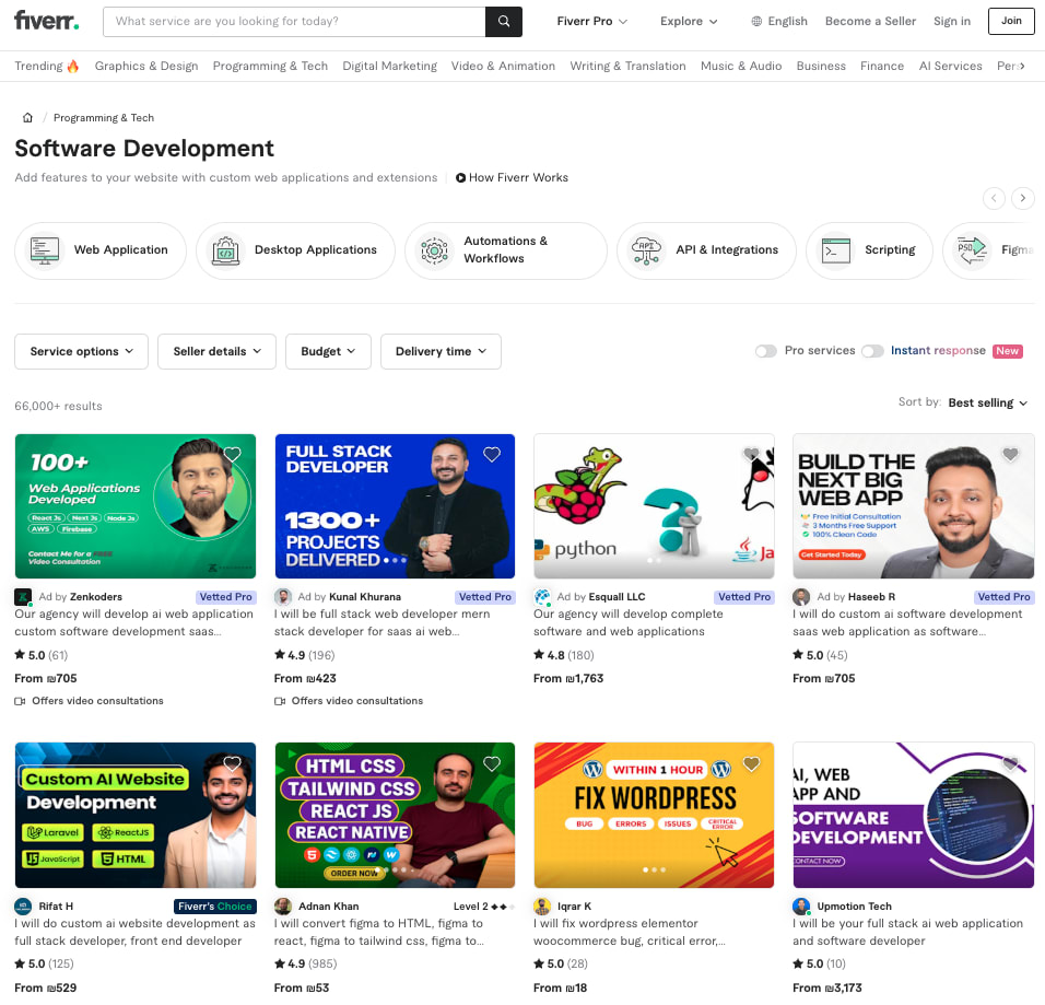 Software development services on Fiverr