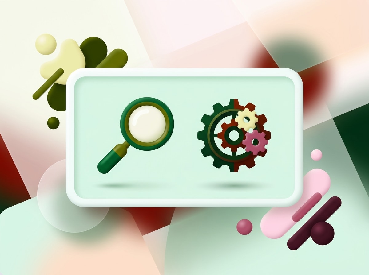 3D magnifying glass and gear cluster on a card, with colorful background