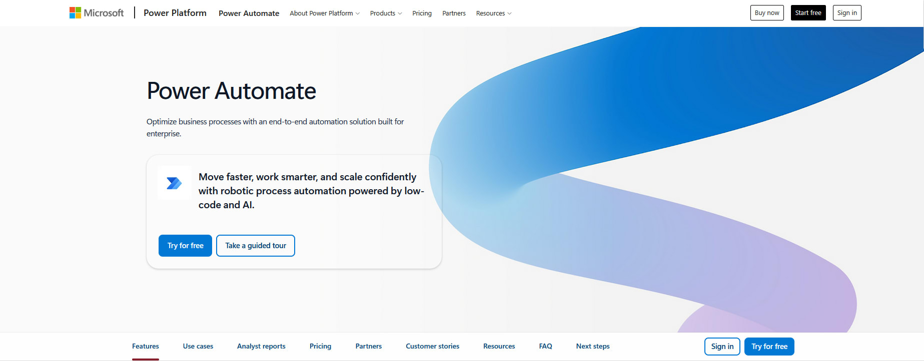 Landing page of Microsoft Power Automate