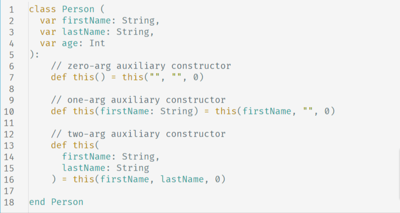 Scala Person class demonstrating alternative constructors. 