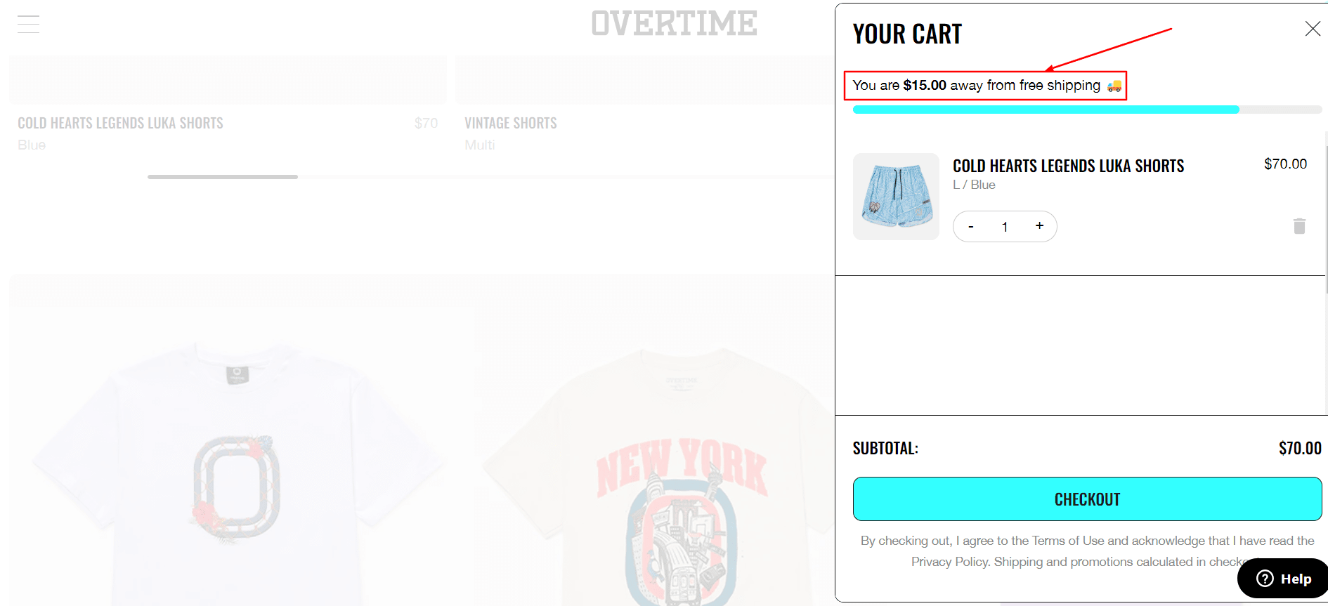 Overtime's product page option to add items to the cart